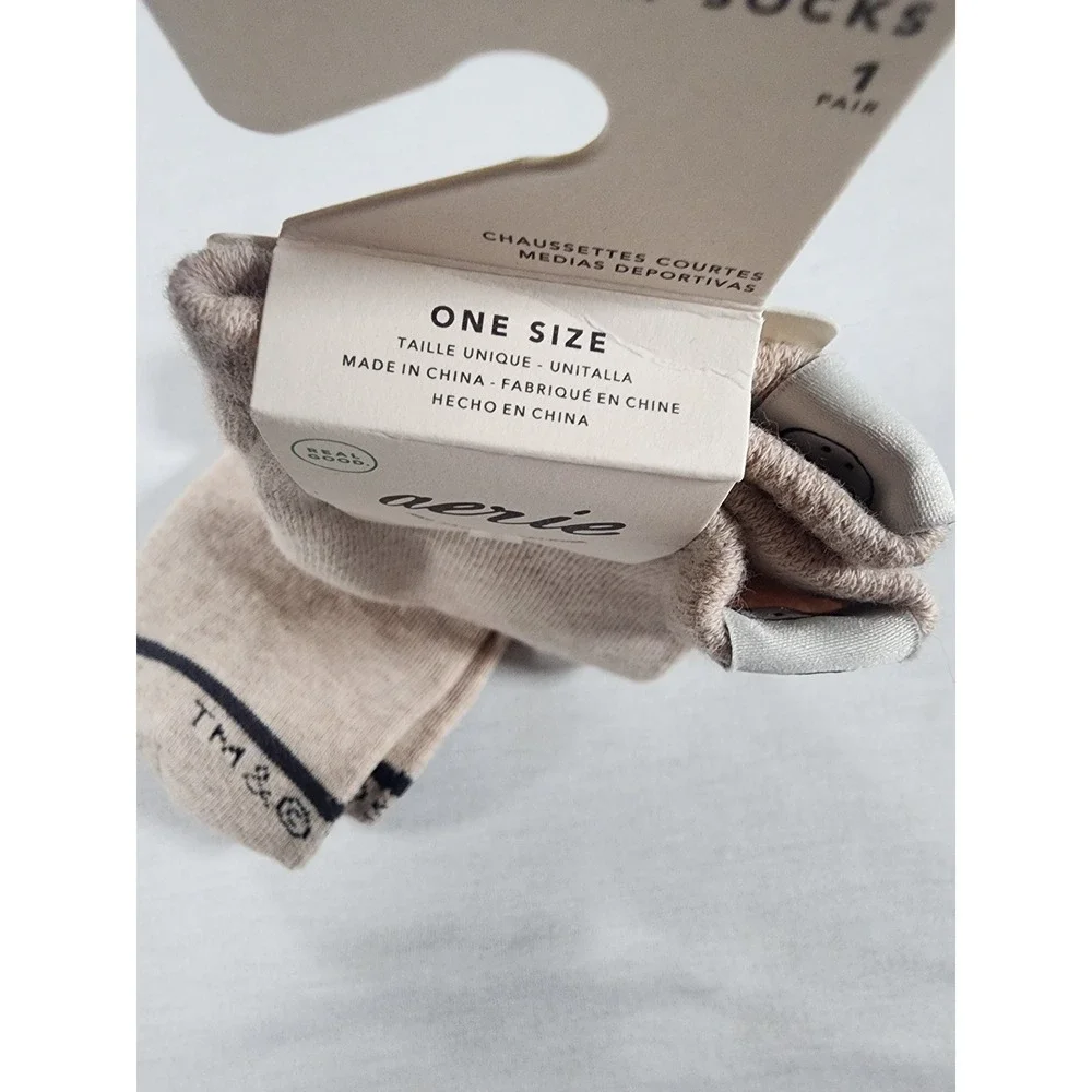 Aerie Crew Socks Women OS Smiley Face Tag Tan Beige Cotton Blend Ribbed NEW